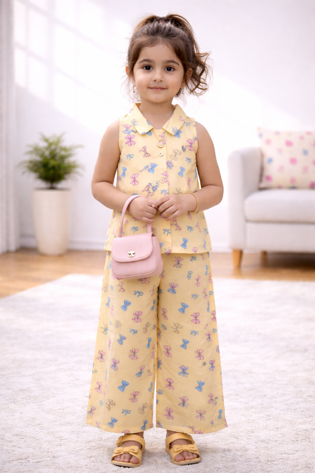 Girls Yellow Printed Co-Ord Set with Wide Leg Pants & Top
