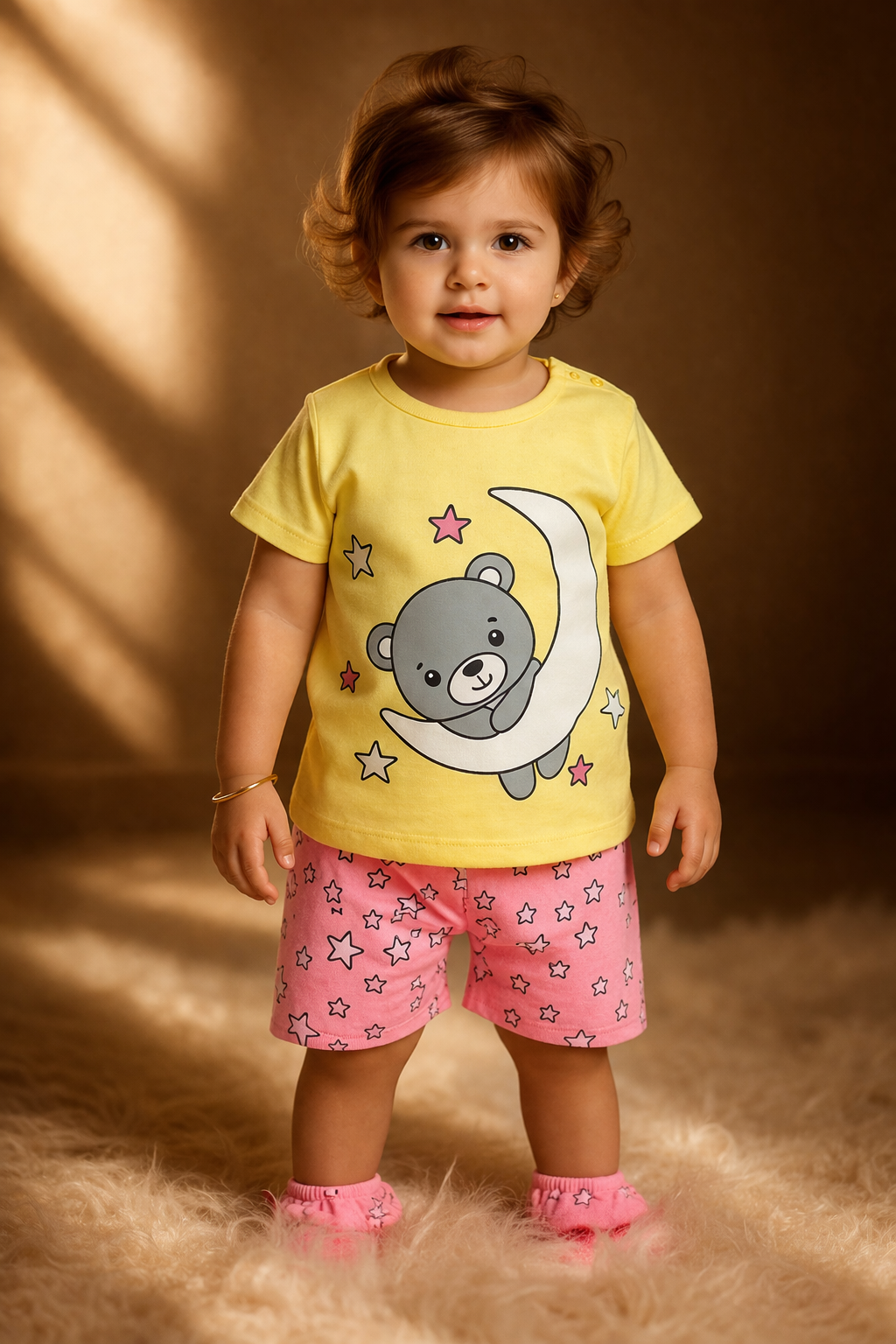 Yellow Cartoon Bear T-Shirt & Pink Star Shorts