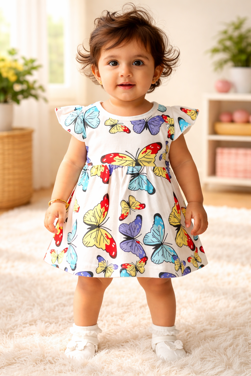 Butterfly Print Baby Girl Cotton Dress – Multicolor Summer Outfit