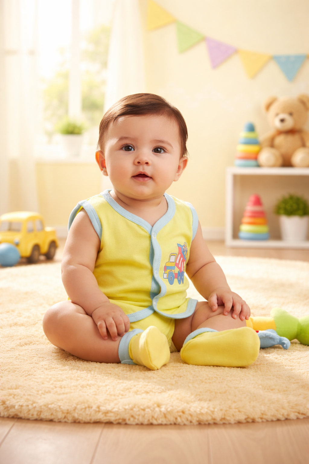Cute Baby Boy Sleeveless Cotton Romper – Soft Yellow (0–6 Months)
