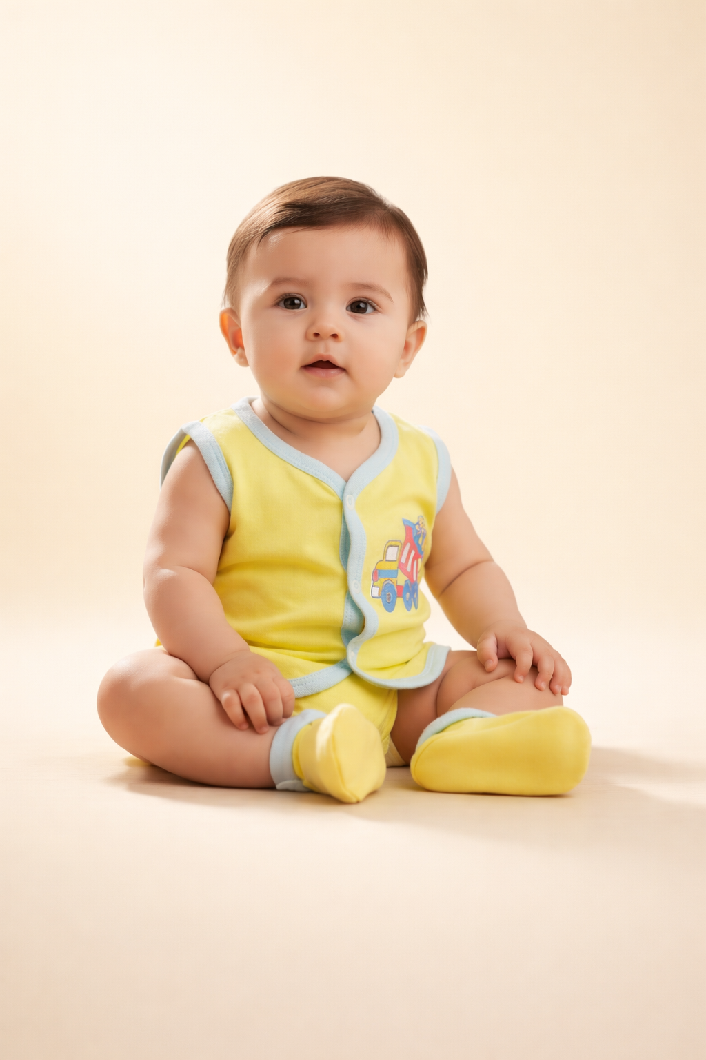 Cute Baby Boy Sleeveless Cotton Romper – Soft Yellow (0–6 Months)