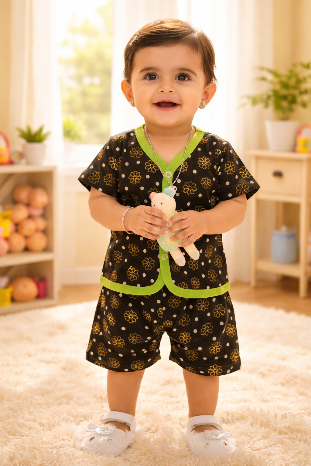 Elegant Baby Printed Cotton Co-ord Set – Black & Gold with Green Trim (0–6 Months)