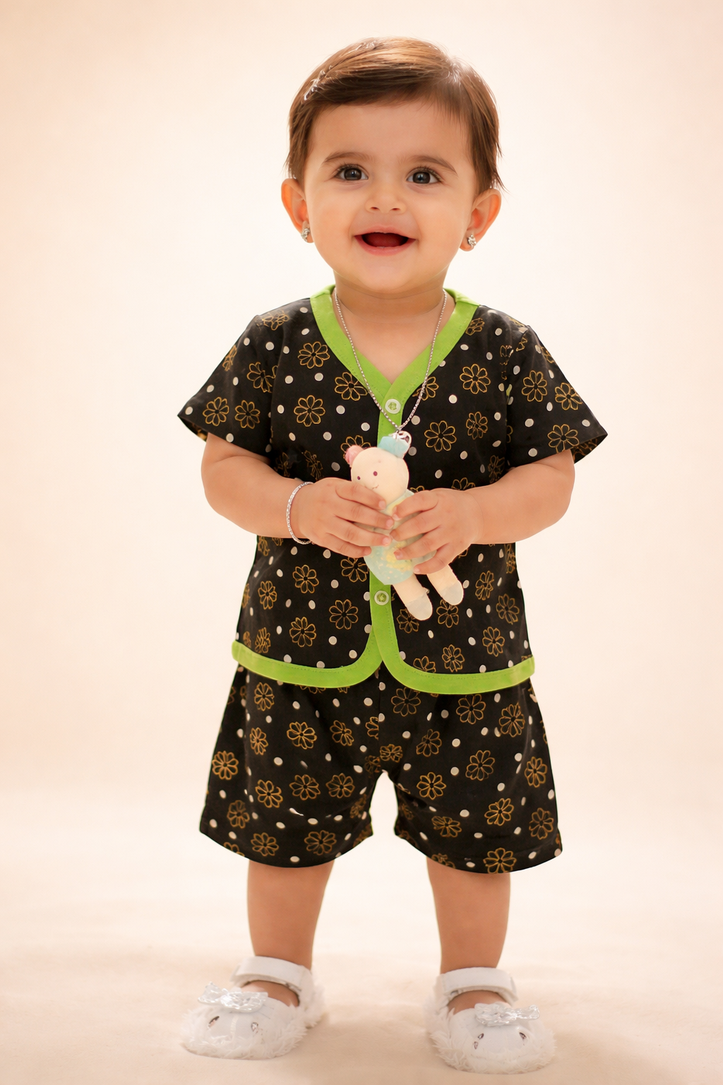 Elegant Baby Printed Cotton Co-ord Set – Black & Gold with Green Trim (0–6 Months)