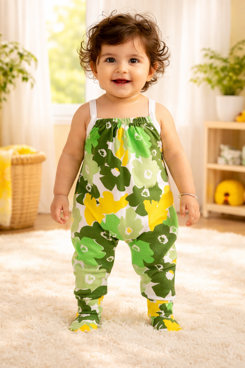 Floral Baby(Girl) Cotton Jumpsuit – Green & Yellow Summer Romper (0–12 Months)