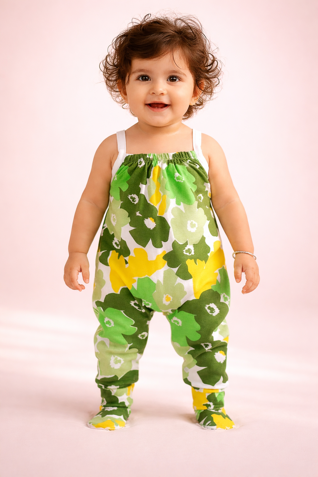 Floral Baby(Girl) Cotton Jumpsuit – Green & Yellow Summer Romper (0–12 Months)