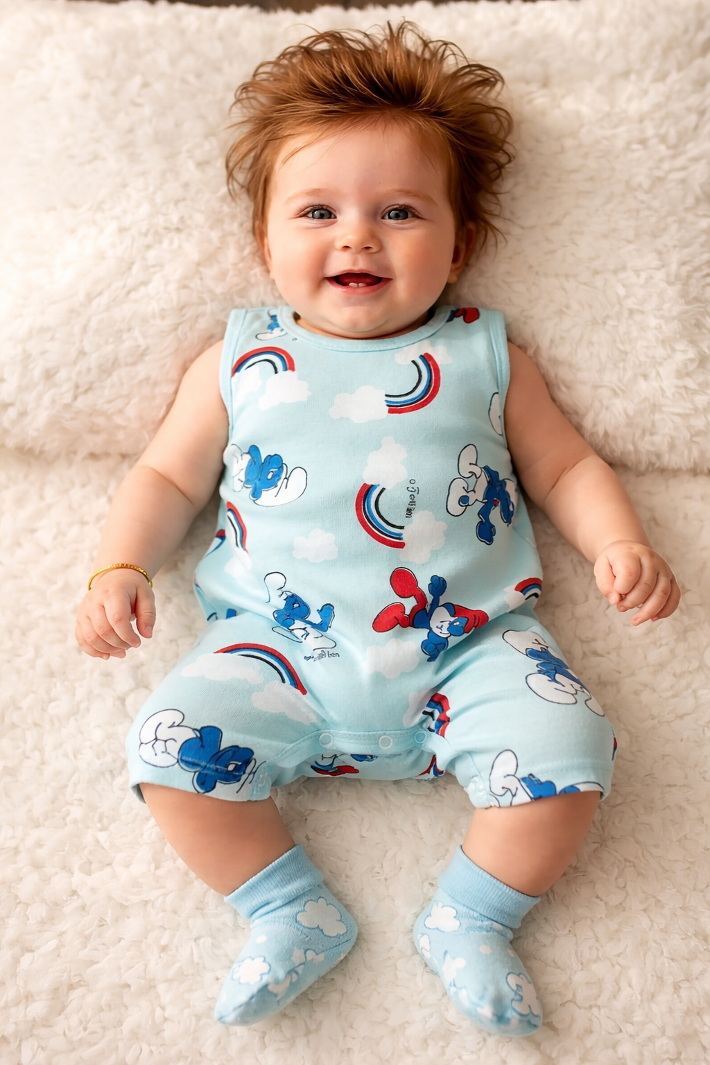 Baby Blue Cartoon Printed Cotton Romper for Infants (0–12 Months)