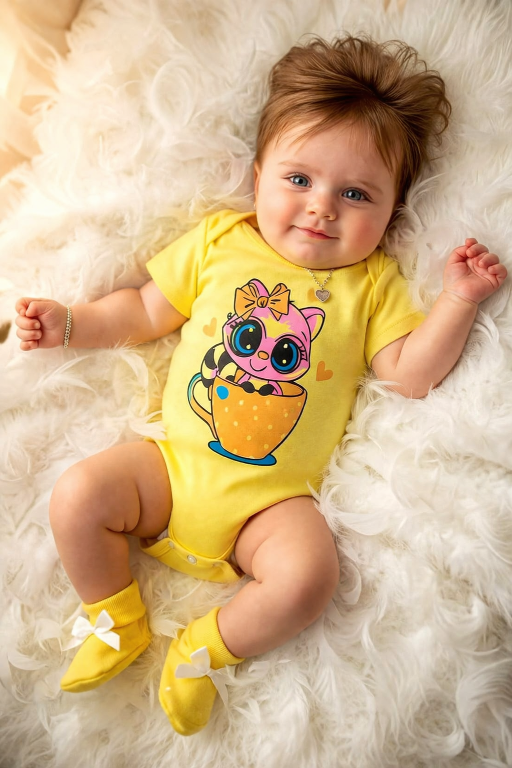Yellow Baby Cotton Onesie with Cute Cartoon Print (0–12 Months)