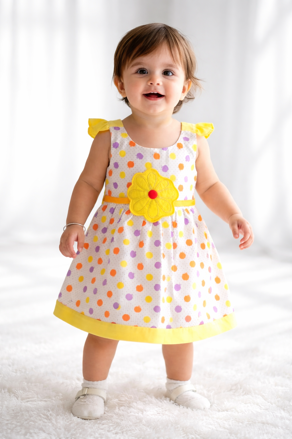 Baby Girl Yellow Polka Dot Dress with Floral Design
