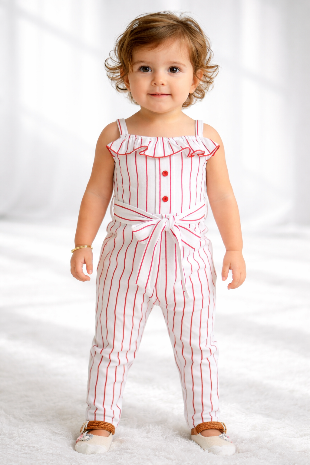 Baby Girl Red Stripe Jumpsuit with Ruffle Neck