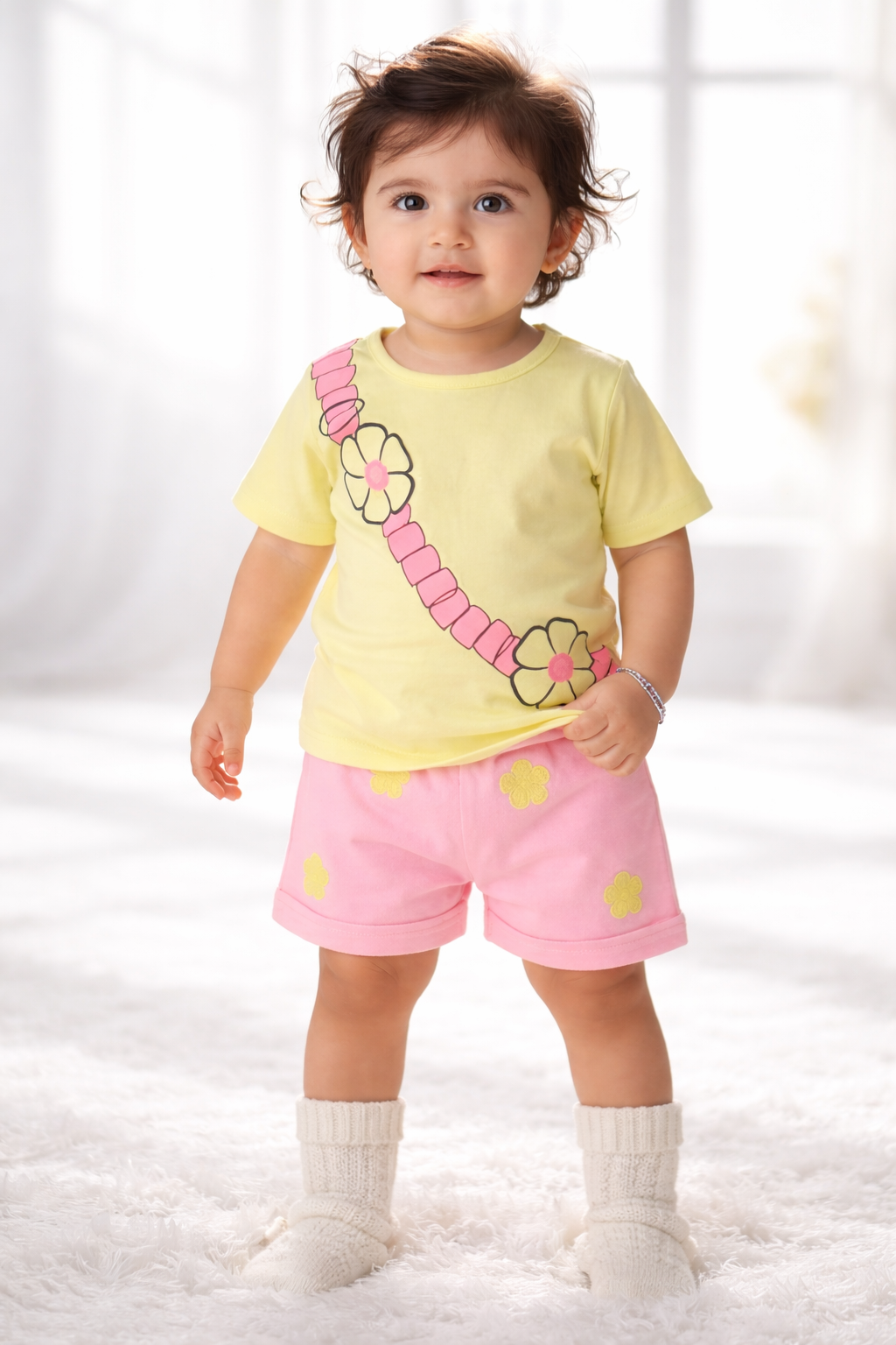 Baby Girl Yellow Top & Pink Shorts Set with Floral Design