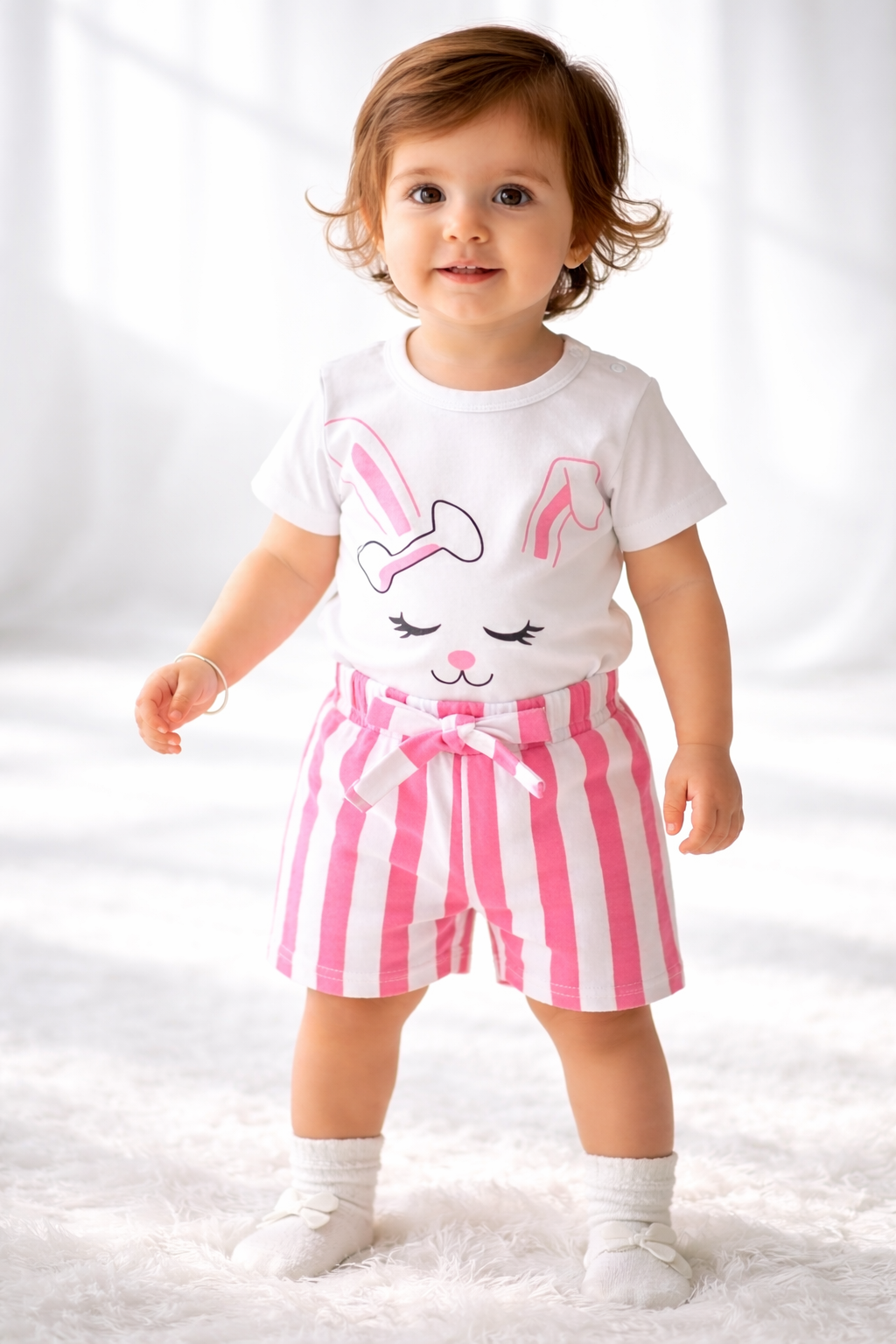 Baby Girl Bunny Print T-Shirt & Pink Striped Shorts Set