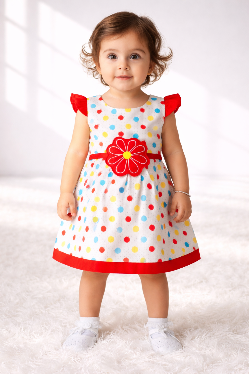 Baby Girl Polka Dot Dress with Floral Belt – Cute Party Wear Dress