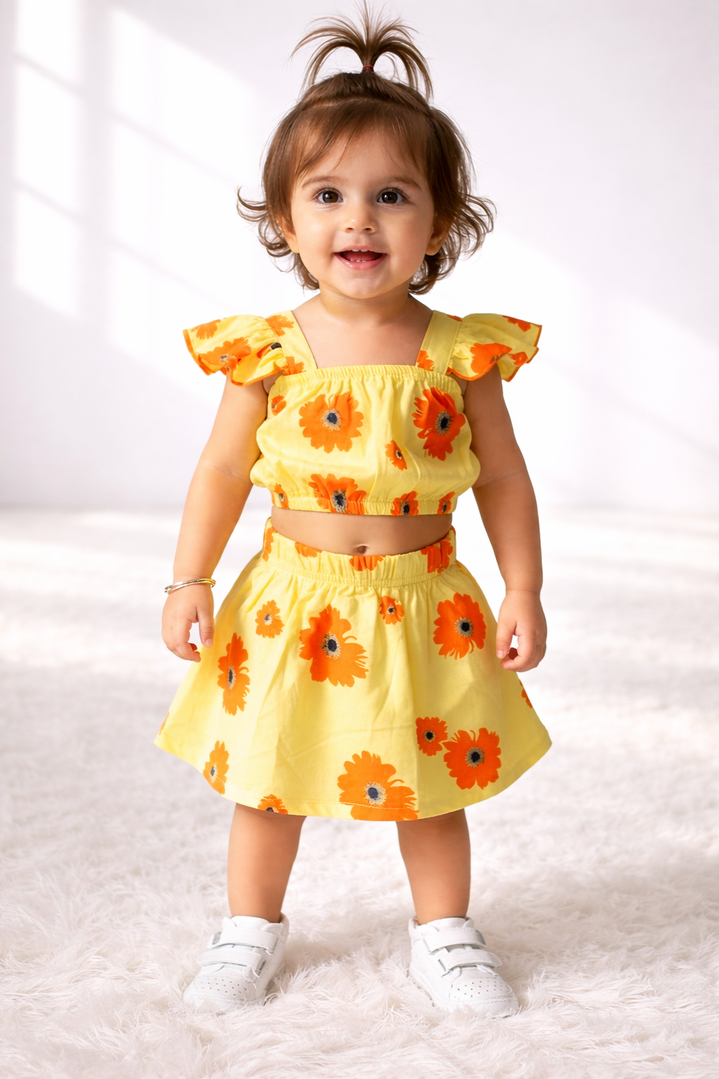 Baby Girl Yellow Floral Co-Ord Set – Stylish Cotton Top & Skirt Outfit