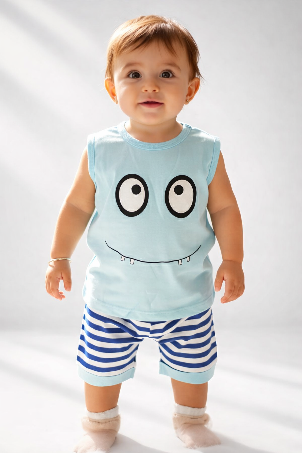 Summer Co-Ord Set with Cartoon Print T-Shirt & Striped Shorts