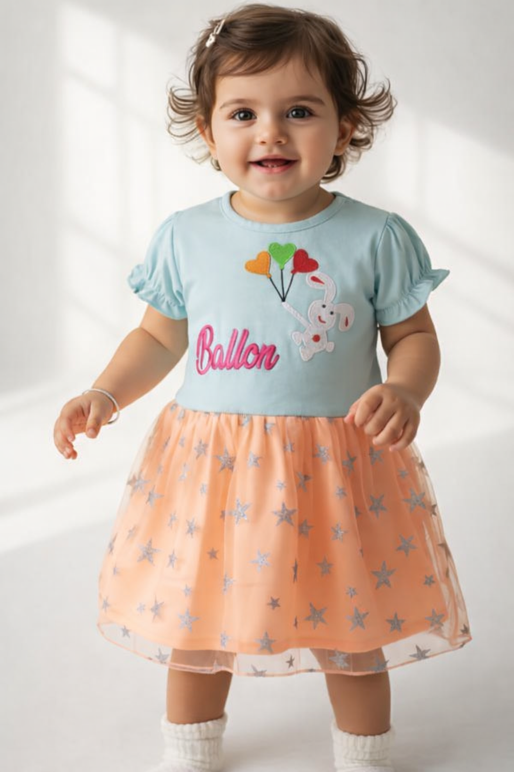 Baby Girls Cute Printed Dress with Tulle Skirt & Cartoon Design