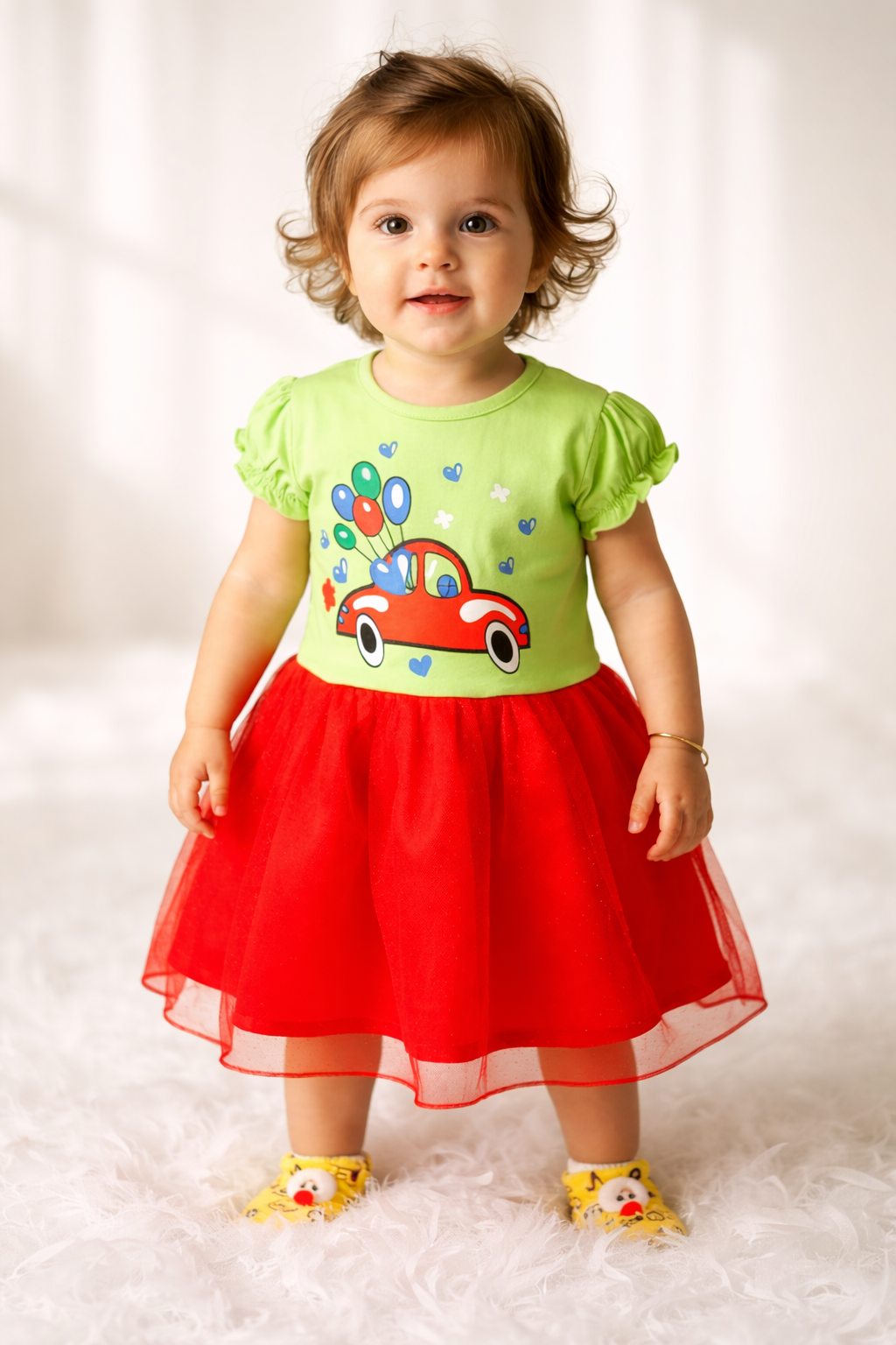 Green Top with Red Tutu Skirt Set – Cute Cartoon Car Print Dress
