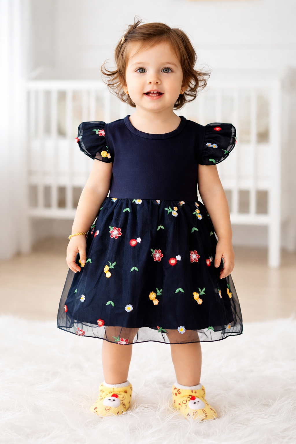 Navy Blue Embroidered Party Dress – Floral Tulle Frock with Puff Sleeves