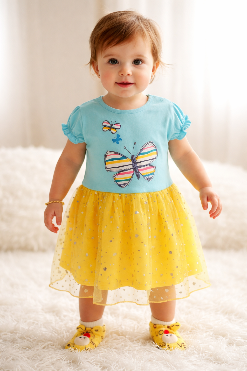 Blue Butterfly Print Top with Yellow Tulle Skirt Dress – Cute Party Wear