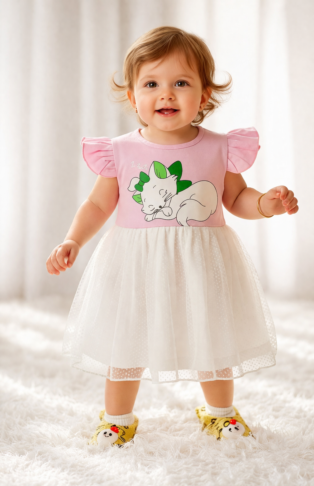 Pink Cartoon Cat Top with White Tulle Skirt Dress – Cute Party Wear