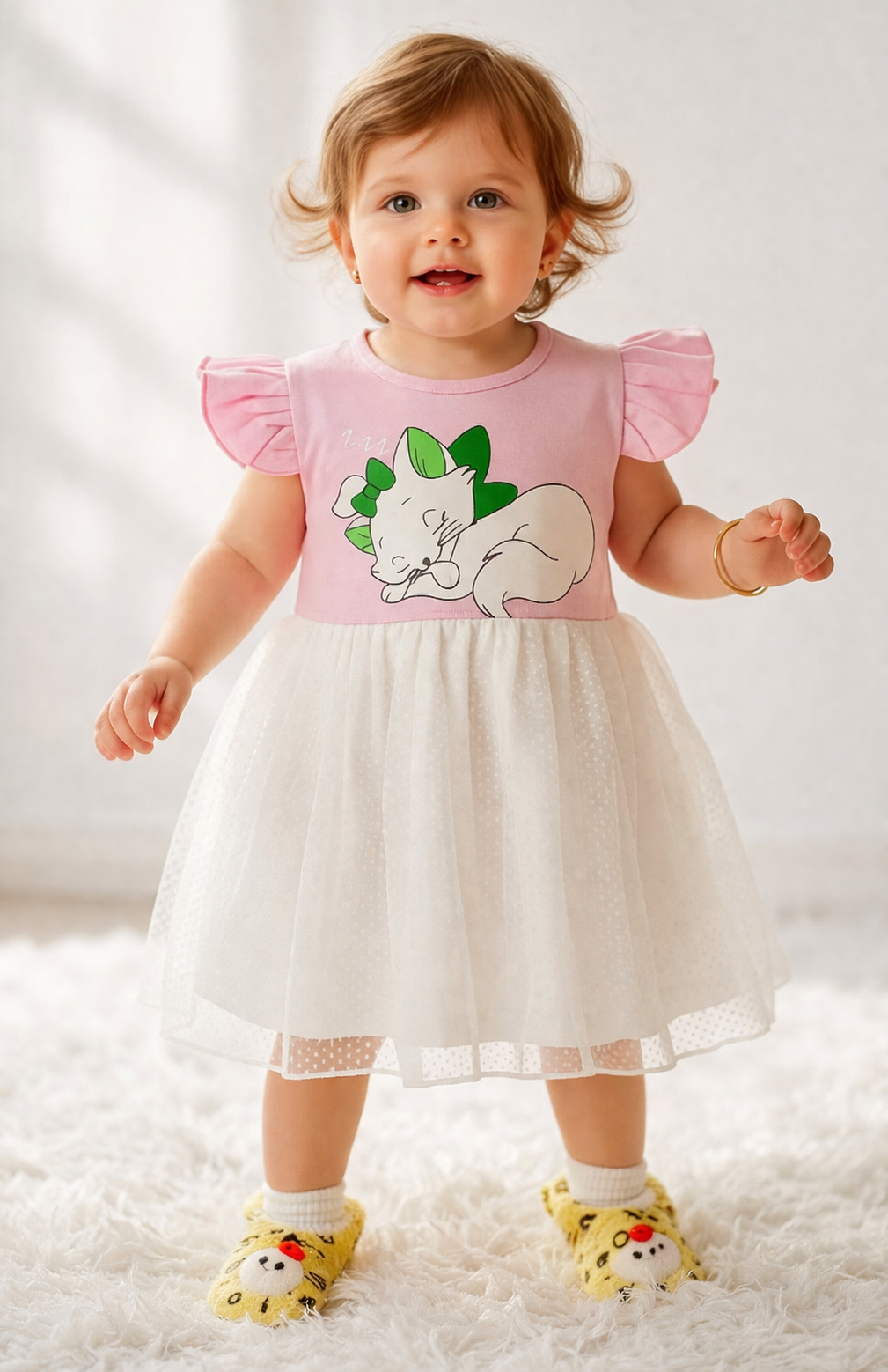 Pink Cartoon Cat Top with White Tulle Skirt Dress – Cute Party Wear