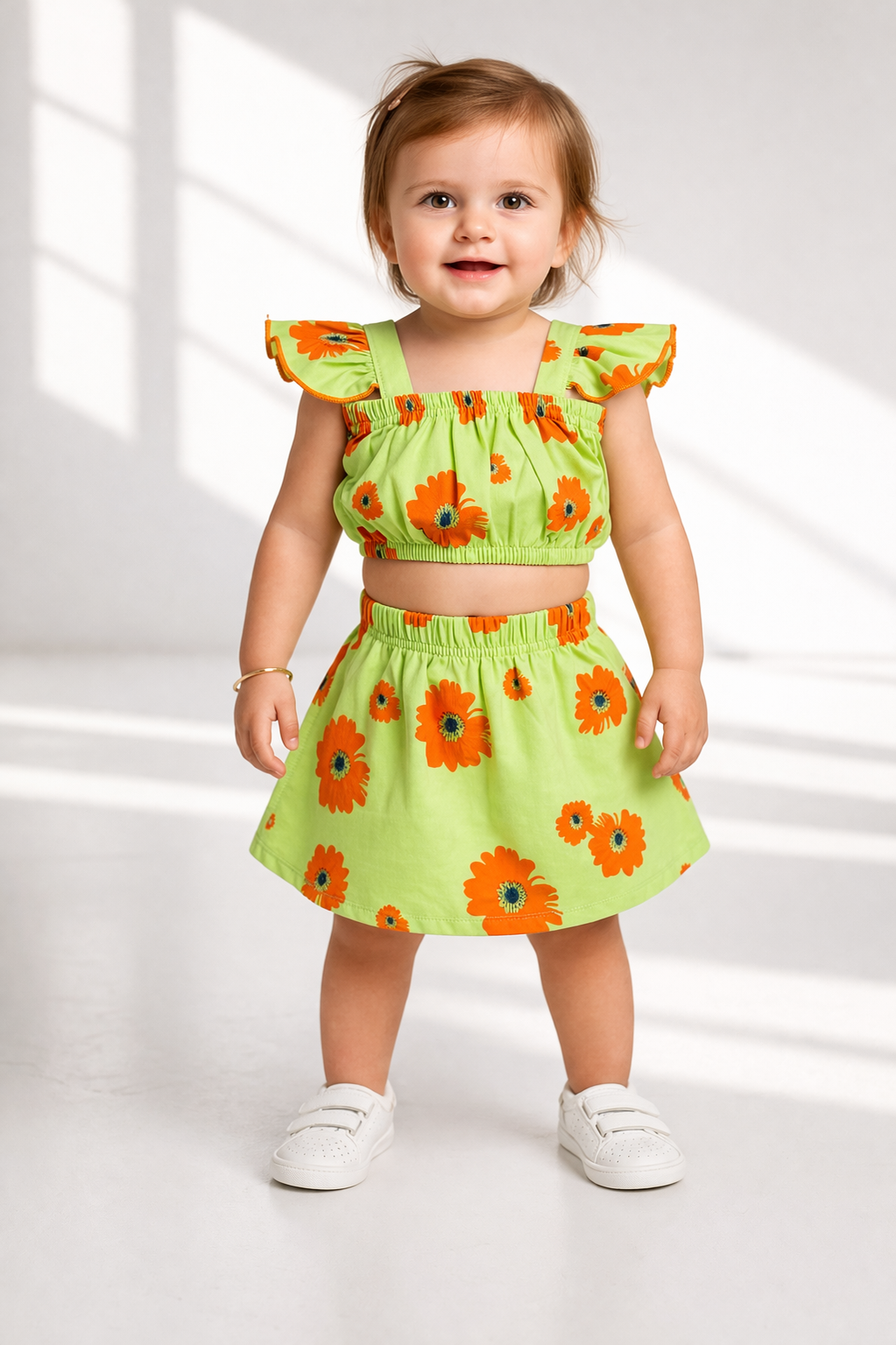 Baby Girl Green Floral Co-Ord Set – Stylish Cotton Top & Skirt Outfit