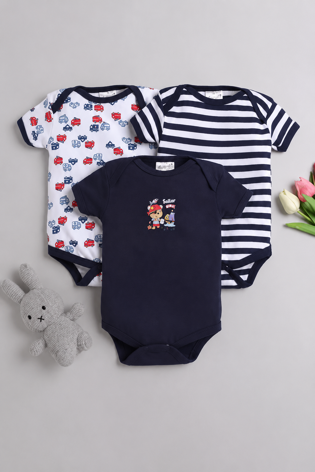 3-Pack Baby Boys Cotton Bodysuits Set – Navy Blue & Printed Half Sleeve Onesies