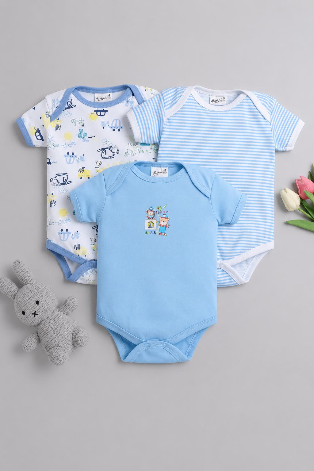 3-Pack Baby Boys Cotton Bodysuit Set – Soft Blue Printed & Striped Half Sleeve Onesies