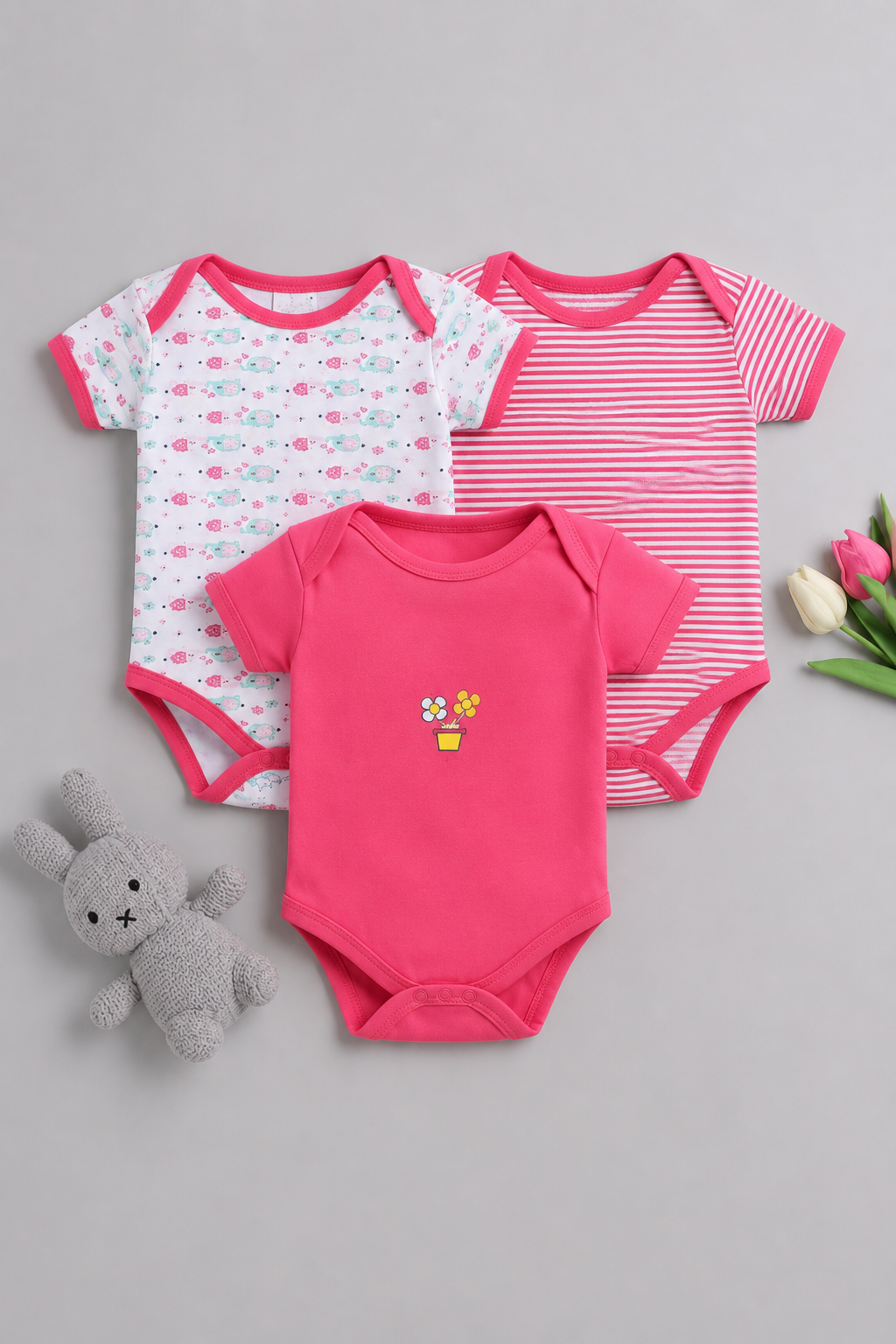 Pack Baby girls Cotton Bodysuit Set – Soft pink Printed & Striped Half Sleeve Onesies