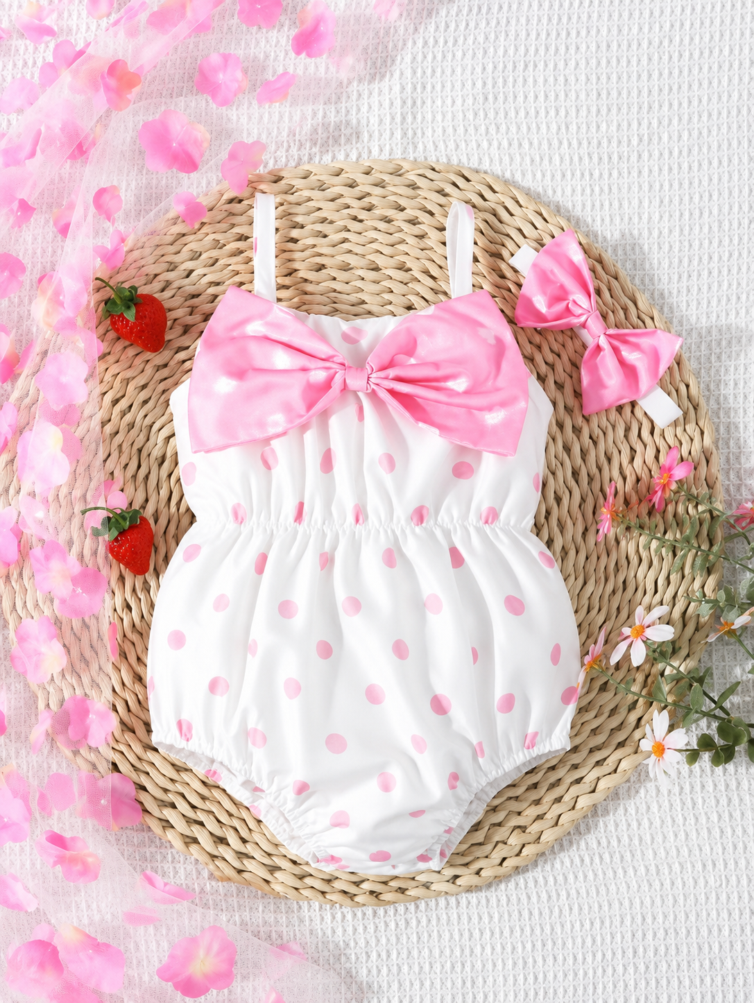 Baby Girl Pink Polka Dot Romper with Bow Headband – Cute Newborn Cotton Summer Outfit Set