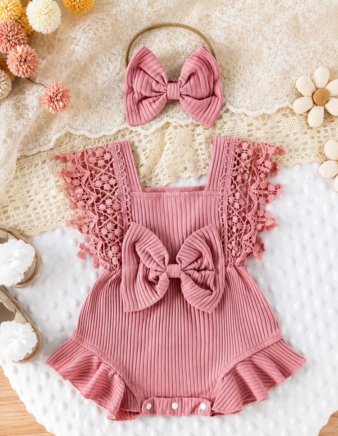 Baby Girl Pink Ribbed Lace Romper Dress with Headband | Newborn Toddler Bow Outfit Set