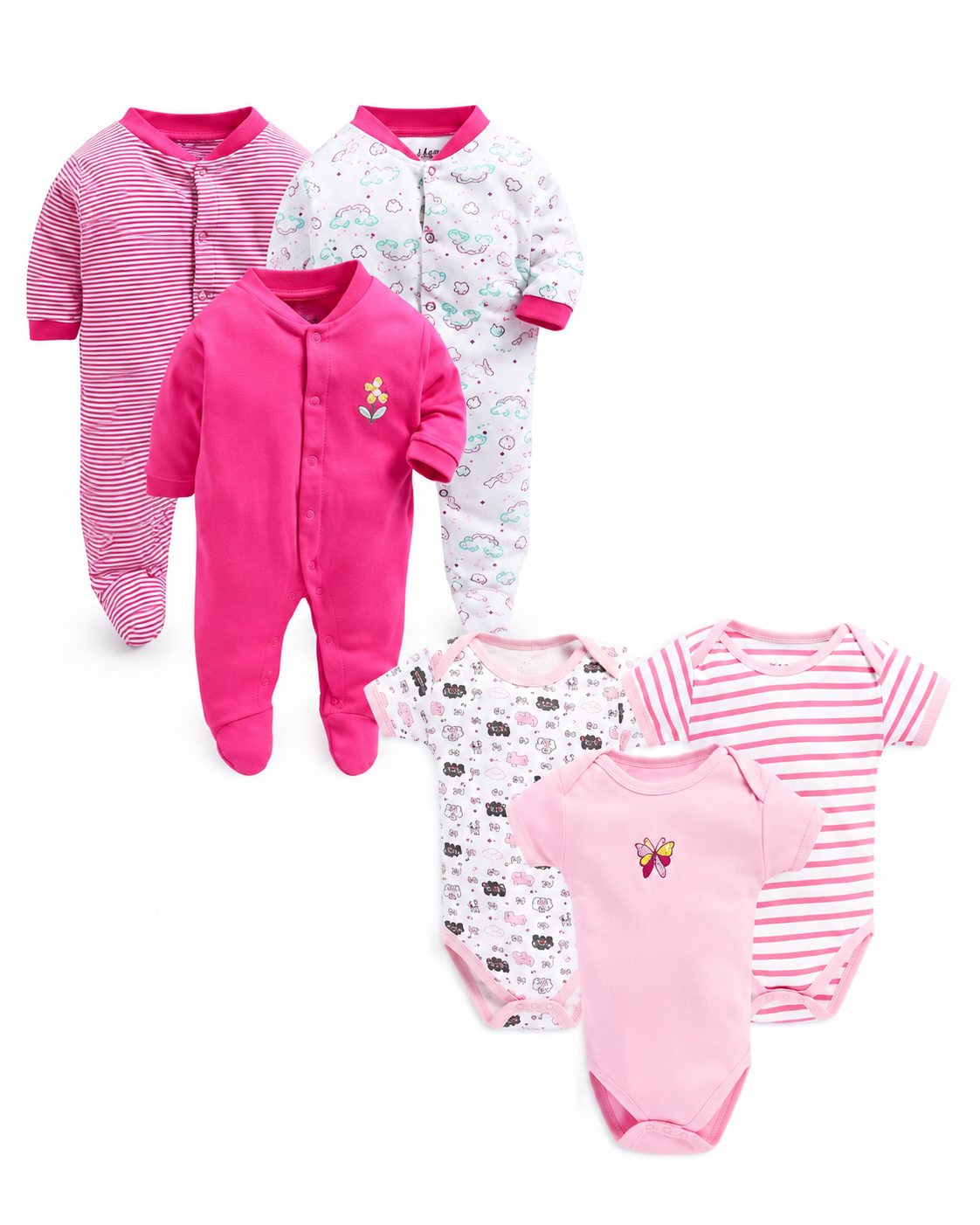 6 Piece Baby Girl Clothing Set – Newborn Cotton Bodysuits & Footed Sleepsuits Combo Pack