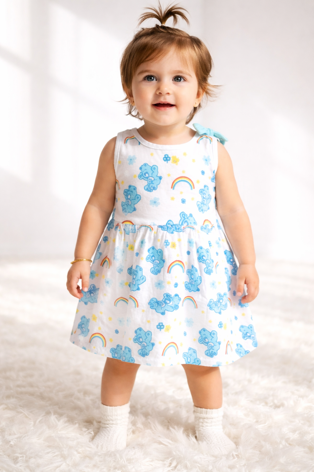 Baby Girl Printed Cotton Dress – Cute Teddy & Rainbow Summer Dress for Toddlers